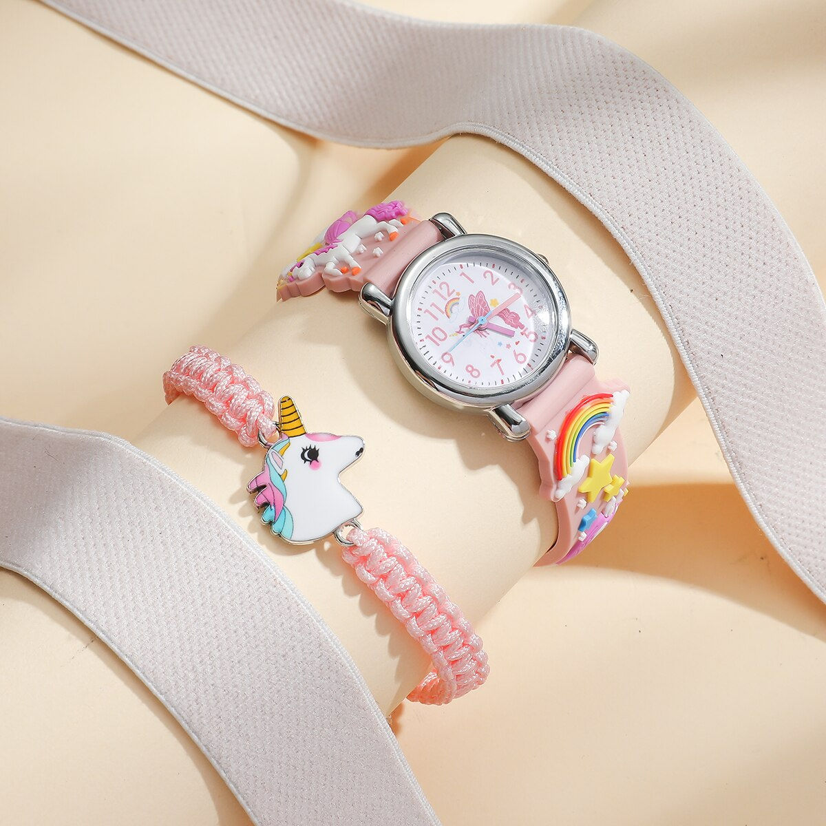 Kids Pink Cute Childrens Wristwatch Cartoon Pattern Quartz Watch Set For Girls