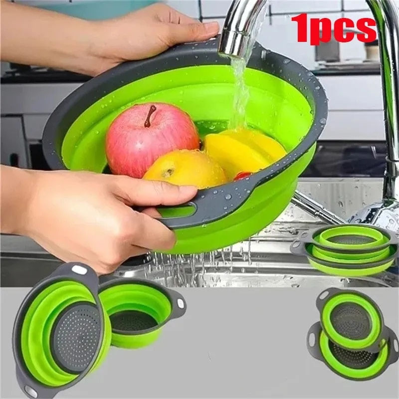 Creative Green Silicone Round Folding Vegetable Fruits Washing Drain Basket Col
