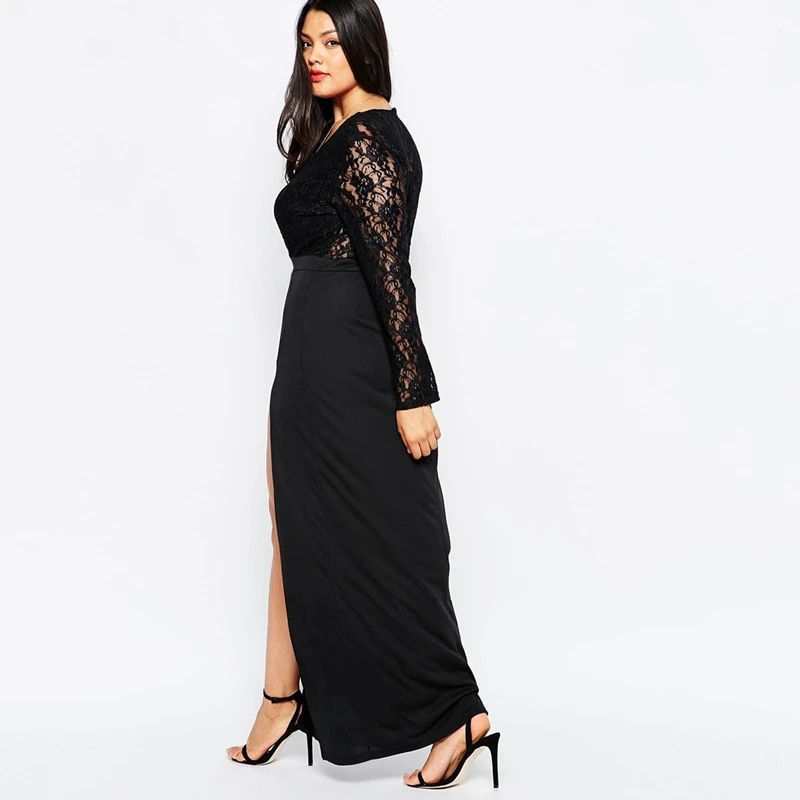 Thumbnail: Plus Size Maxi Spring Autumn Lace Party Dress Sexy V-neck Long Sleeve Evening N
