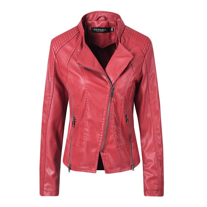 الصورة المصغرة: 2020 New Fashion Women Leather Jackets Autumn Casual Long Sleeve Zipper PU Leat