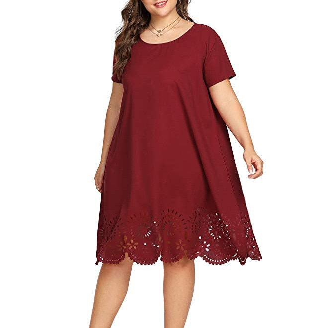 Thumbnail: Plus Size Women Dress Sexy Lace Solid Short Sleeve O-Neck Hollow Out Casual Dre