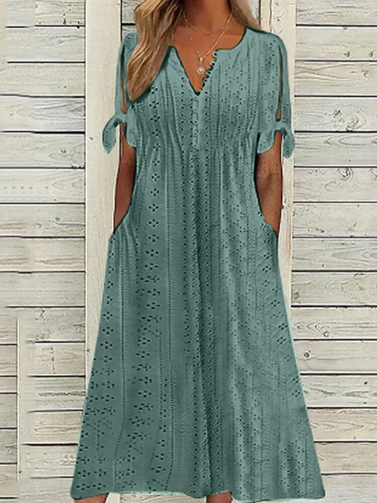 Thumbnail: Summer New Women's Dress With Hollow Out V-neck Lace Ruffles Chic Elegant Long