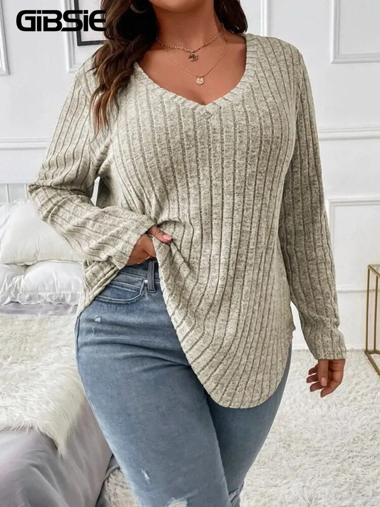 Thumbnail: GIBSIE Plus Size Women's Casual V-Neck Long Sleeve Tees Shirt 2023 Spring Autum