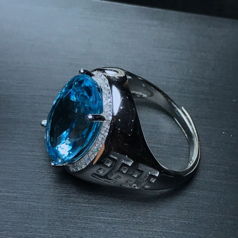 Thumbnail: USPS Natural Big Blue Topaz Men's Ring, S925 Sterling Silver, Grain Gemstone