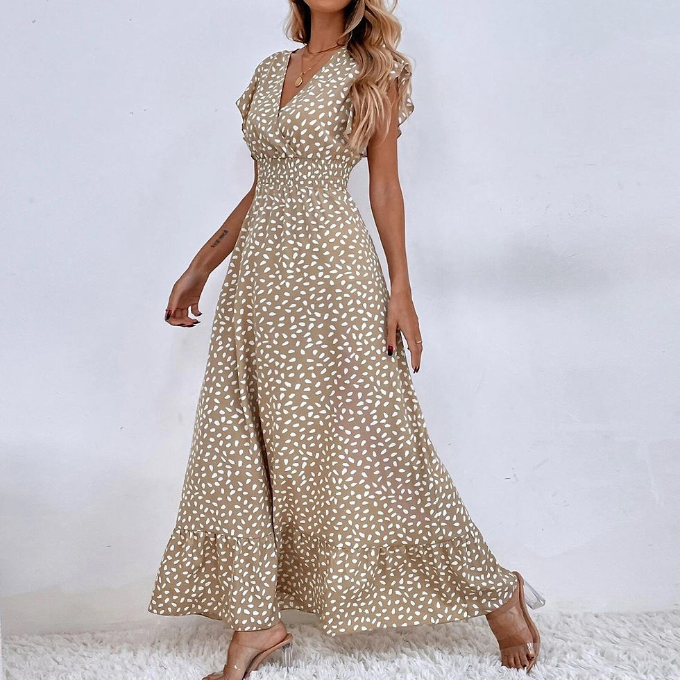Miniatura: Women Ruffle Maxi Dress Bohemian Style Dot Printed Waisted Cute Dress V Neck Sh