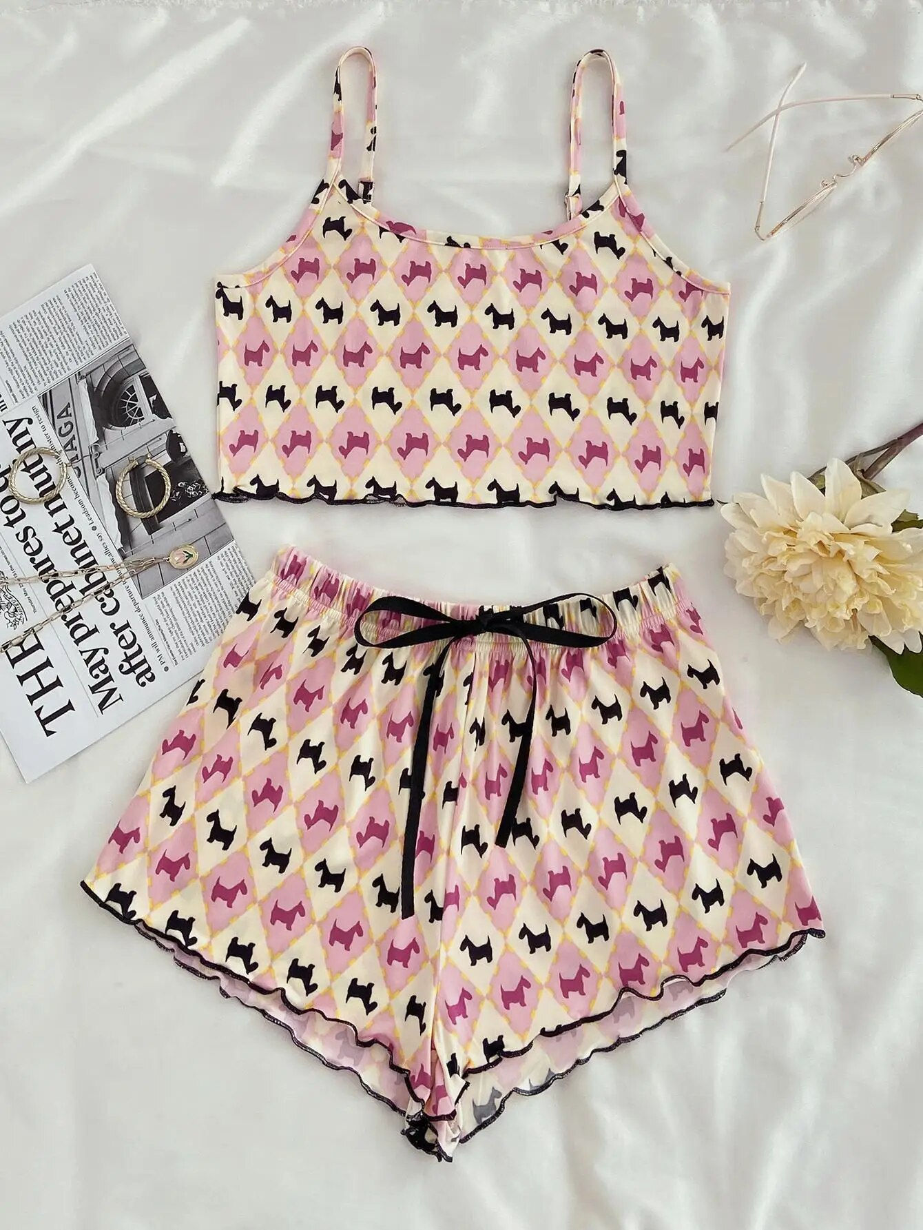 Cartoon Print Women's Pajama Set Lettuce Trim Cami Top and Shorts Sleeveless Su