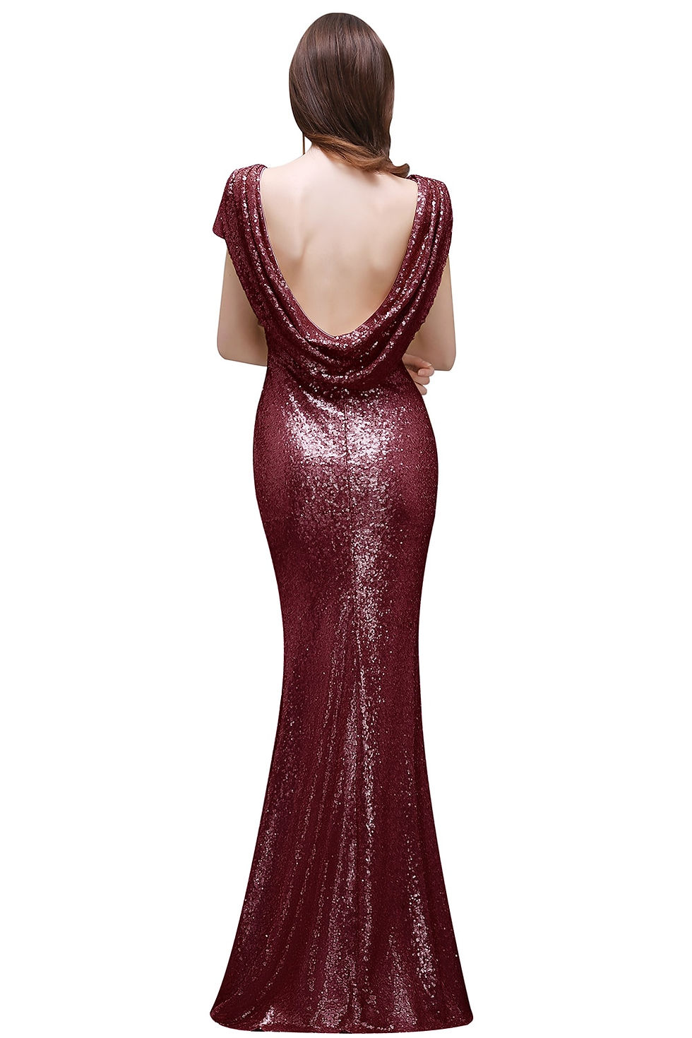 Thumbnail: BABYONLINE Elegant Bridesmaid Gowns Features Sequins Low Cowl Back A Cap Sleeve