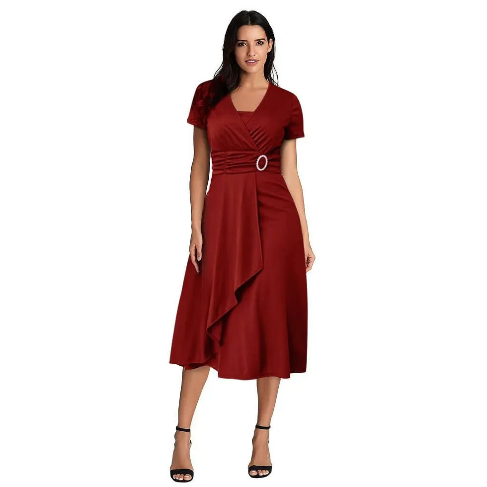 Thumbnail: Elegant Women Solid Color Short Sleeve V Neck Asymmetric Hem Waist Tight Midi P