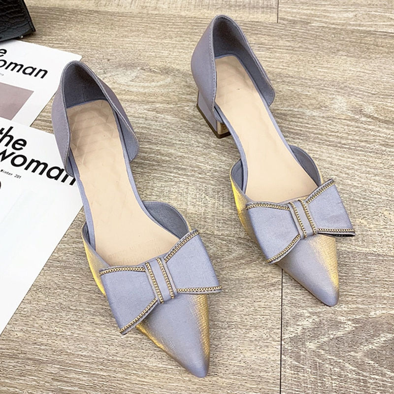 Miniatúra: Spring Summer New Shallow Pumps Bow Chunky Middle Heels Pointed Toe Temperament