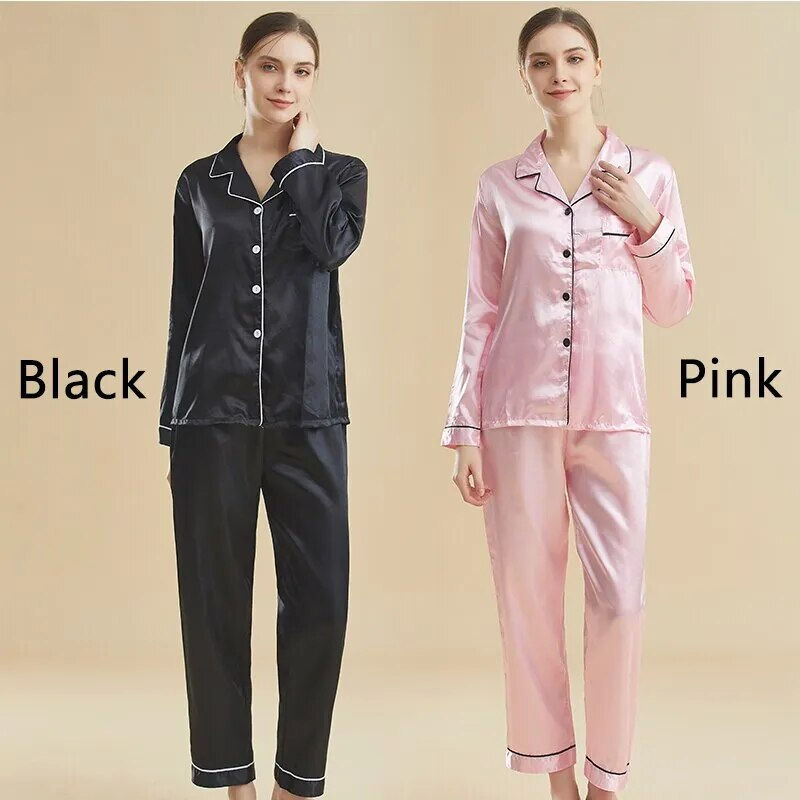 Miniatura: Women Ice Silky Pajamas Sleepwear Nightclothes Pink Black L XL XXL Long Sleeved