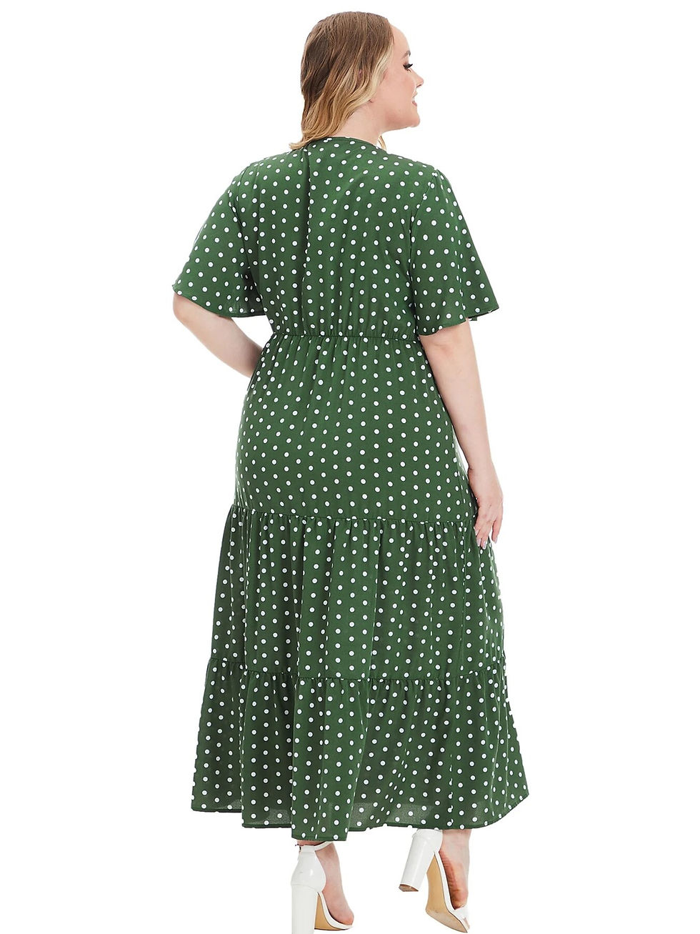 Thumbnail: Plus Size Polka Dot Print Surplice Neck Short Sleeve Tee Ruched Bohemian Dresse