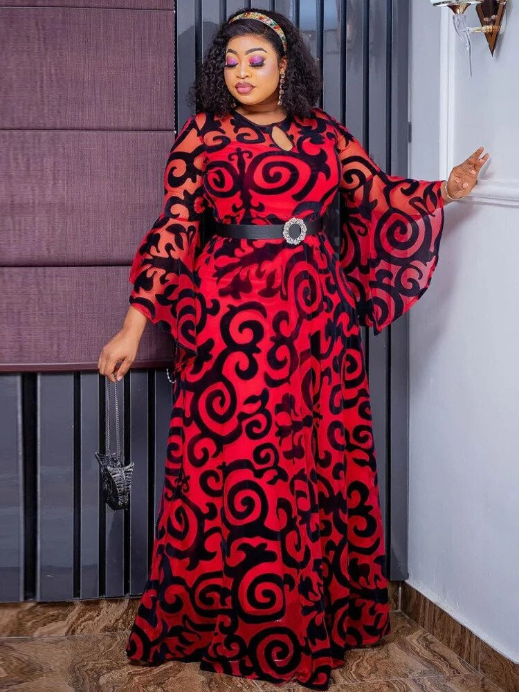 Thumbnail: Plus Size Long Sleeve Chiffon Dresses for Women African Dashiki Print Robe Duba