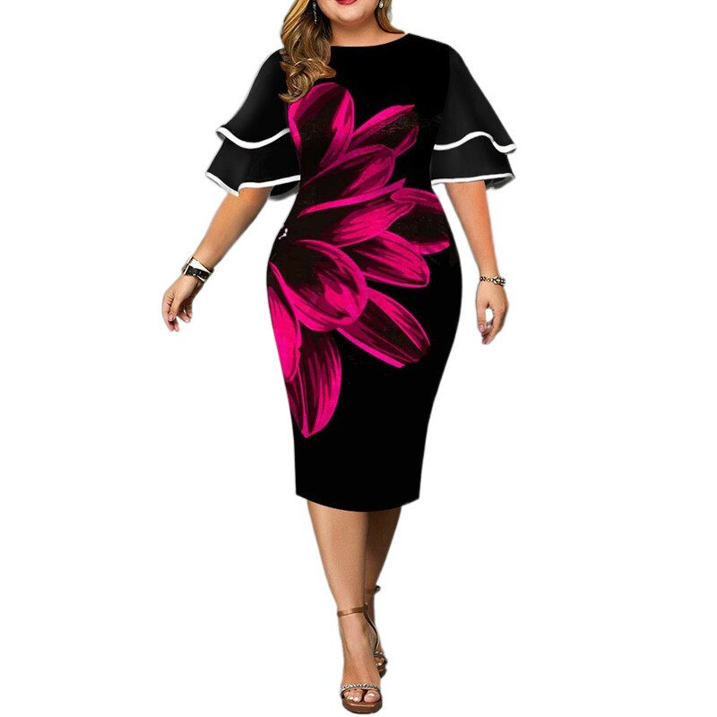 Plus Size Dress Elegant Geometric Print Party Dress 2021 New Women Layered Slee