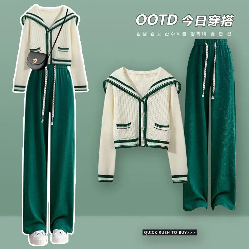 ภาพขนาดย่อ: Sailor Collar Two Piece Set for Women Knitted Cardigan + Pant Sets Long Sleeve