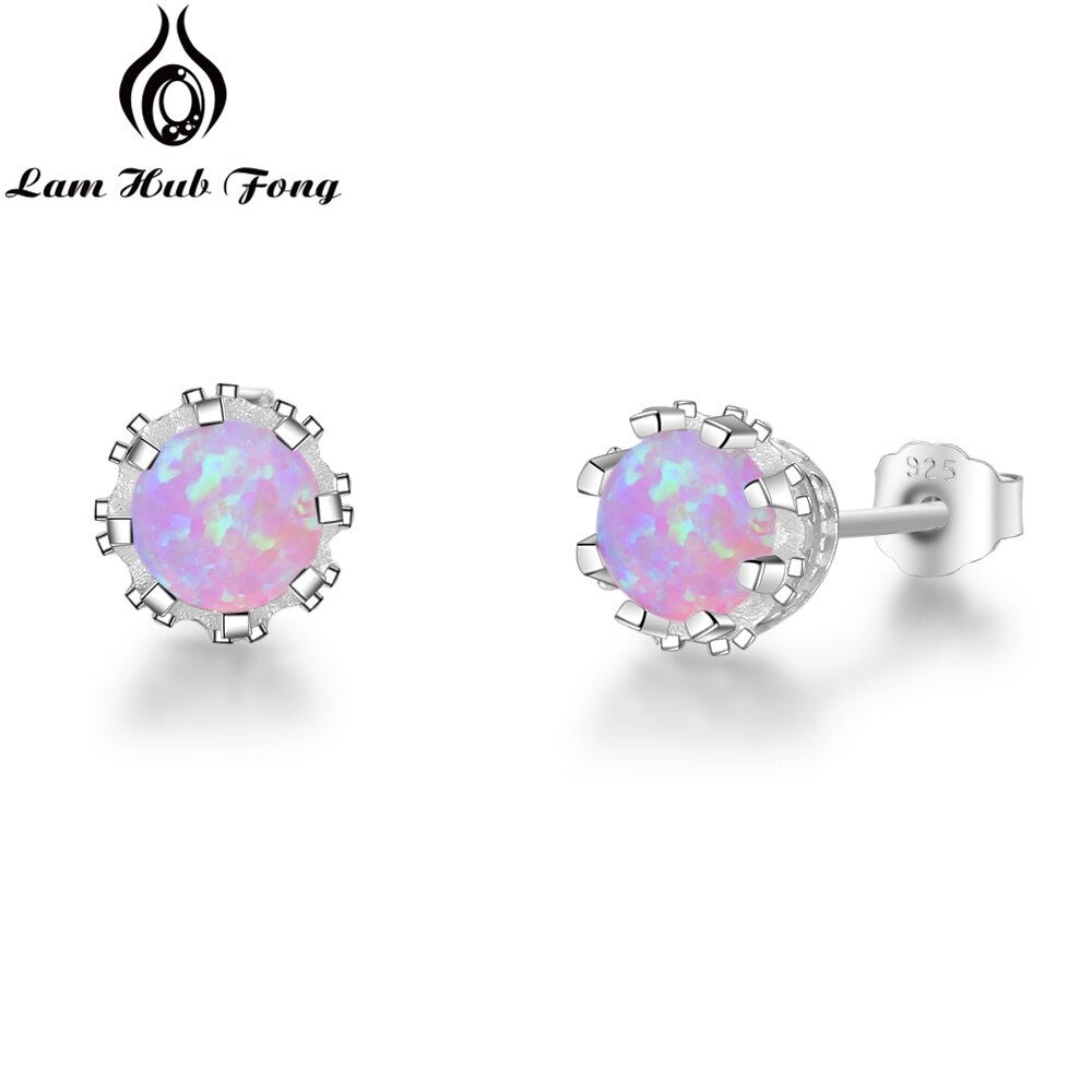 925 Sterling Silver Flower Stud Earrings Round Created Blue Pink White Opal Ear