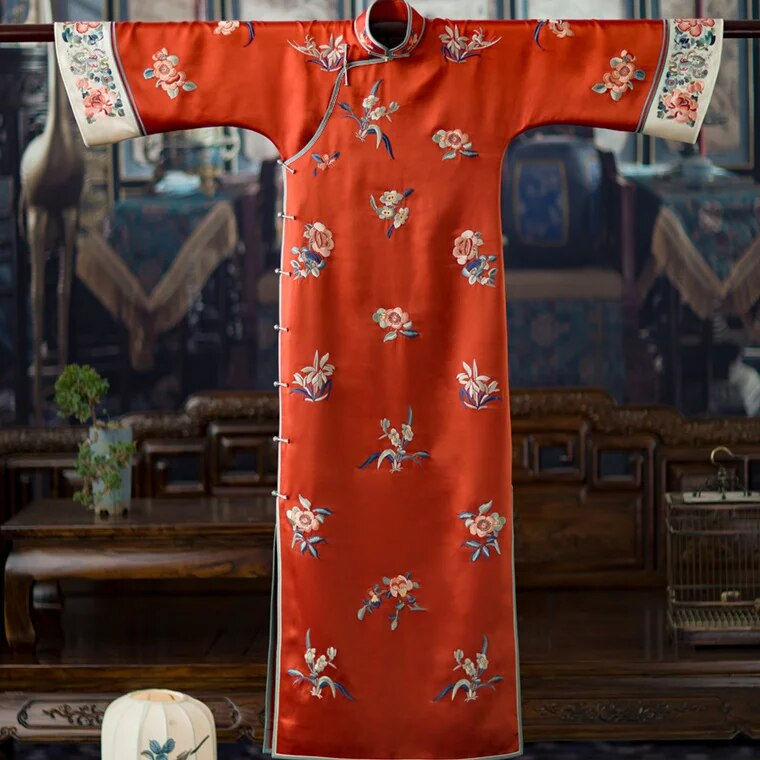 Miniature : 2022 Spring Retro Stand Collar Button Flower Print Big Sleeve Printing Cheongsa
