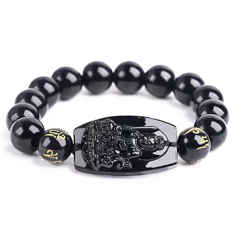 Thumbnail: Obsidian Stone Black Beads Bracelet Engraved Buddhist Patron Saint Lucky