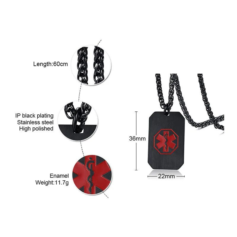 Thumbnail: Modyle Medical Alert Neckalce Stainless Steel Medic ID Military Dog Tag Diabete