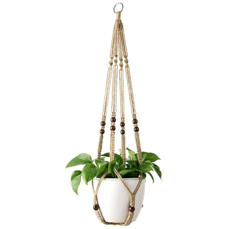 Plant Hanger Indoor Jute Hanging Planter Basket with Wood Beads Decorative Flow