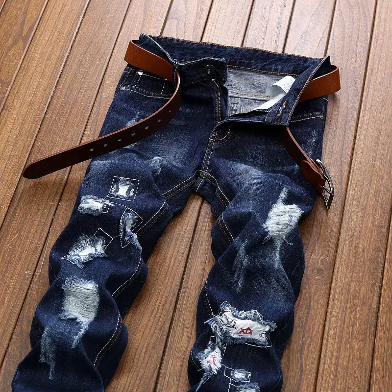 Thumbnail: Ripped Distressed Destroyed Straight Fit Washed Denim Jeans Plus Size 40 42