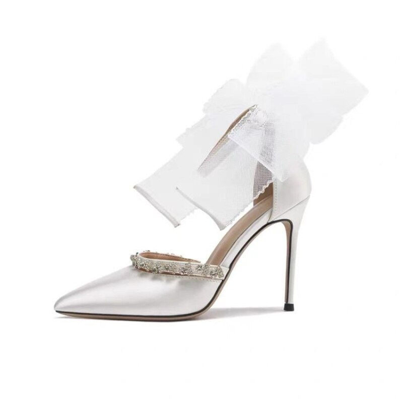 Imej kecil: Shoes for Women 2023 Summer Rhinestone Bow High Heel Sandals White Wedding Shoe