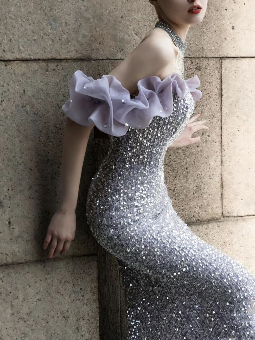 Thumbnail: Purple Host Starry Sky Annual Meeting Beaded Toast Dress Halter Model Catwalk F