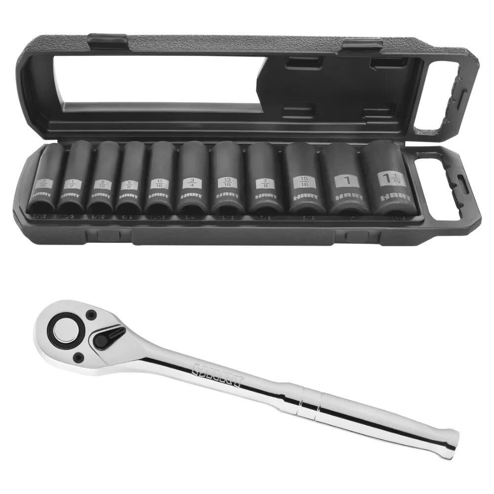 90-Tooth 1/2-inch Drive Ratchet, Chrome Vanadium Steel and HART 11- Piece SAE