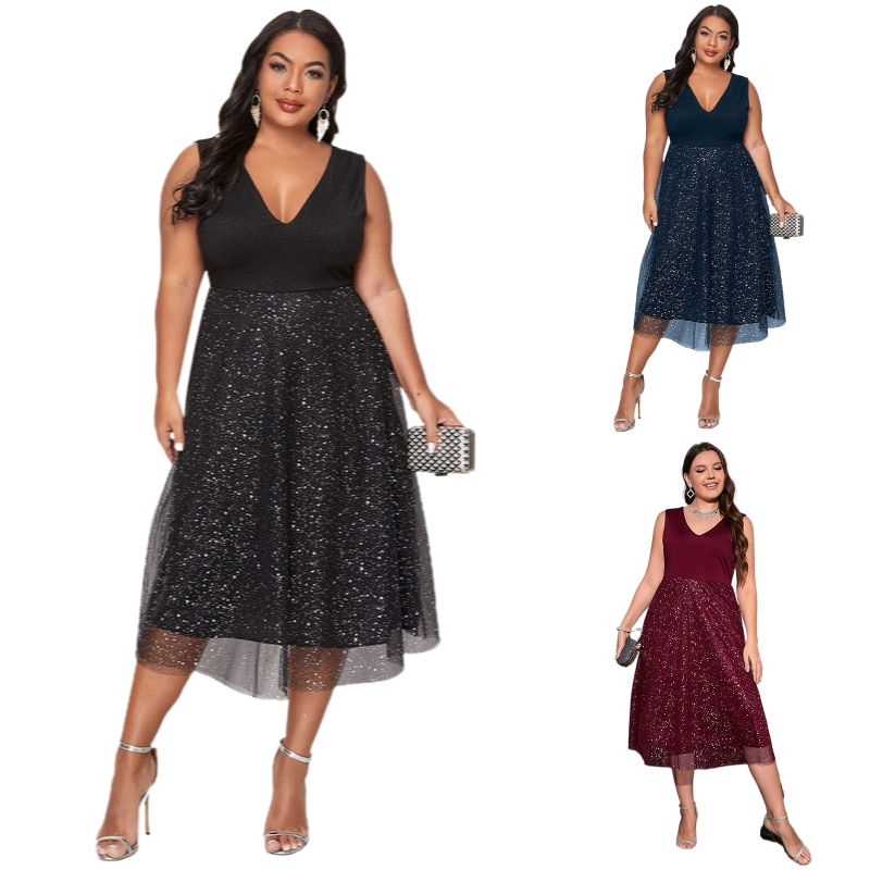 Thumbnail: Women's Plus Size V Neck Sleeveless Contrast Mesh Evening Midi Dress Sexy Birth