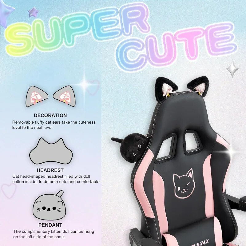 Dowinx Gaming Chair Cute with Cat Ears and Massage Lumbar Support, Ergonomic Co