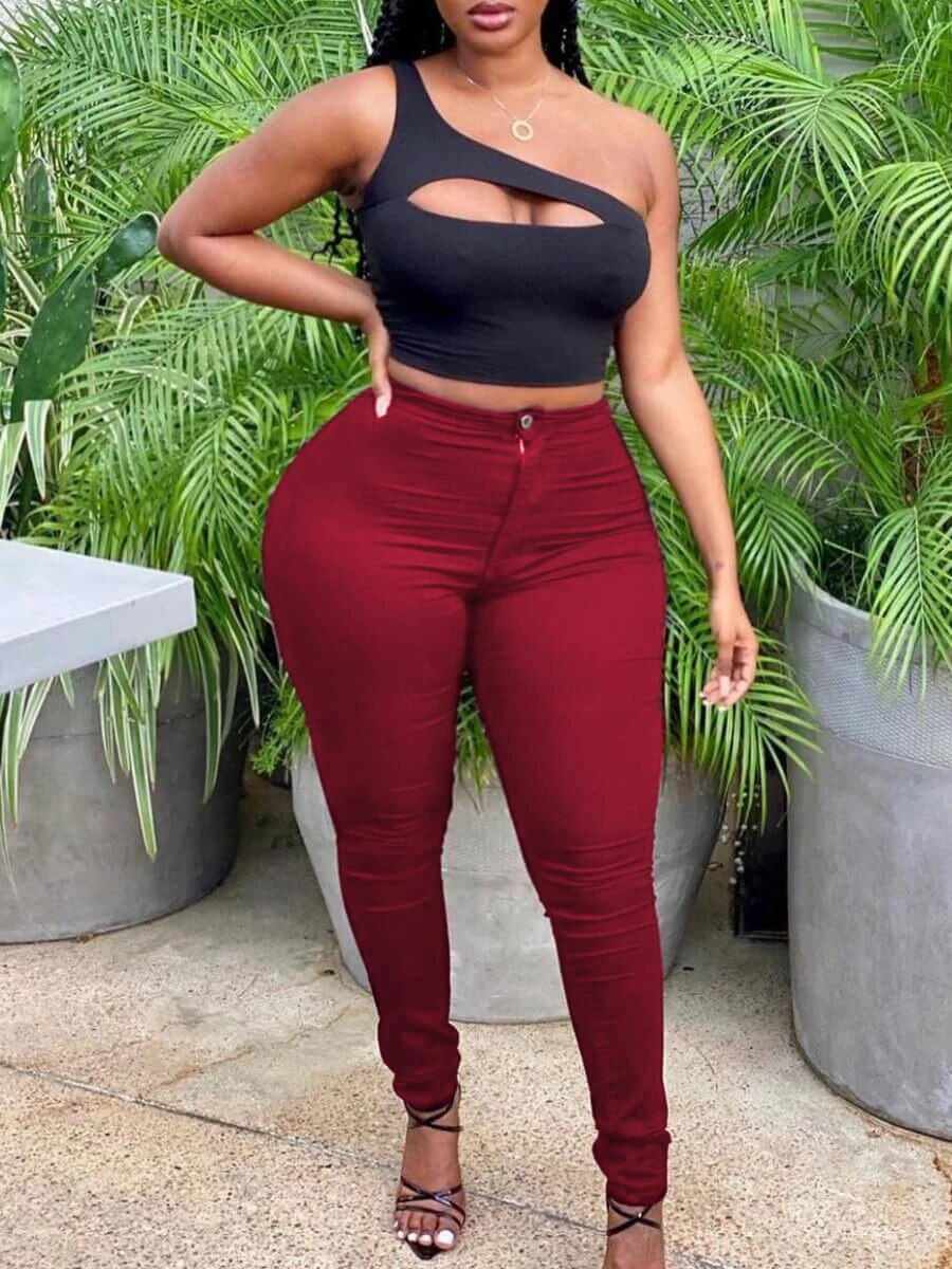 Miniatúra: LW Plus Size High-waisted Zipper Design Pants Autumn Wine Red Pencil Pants Fash
