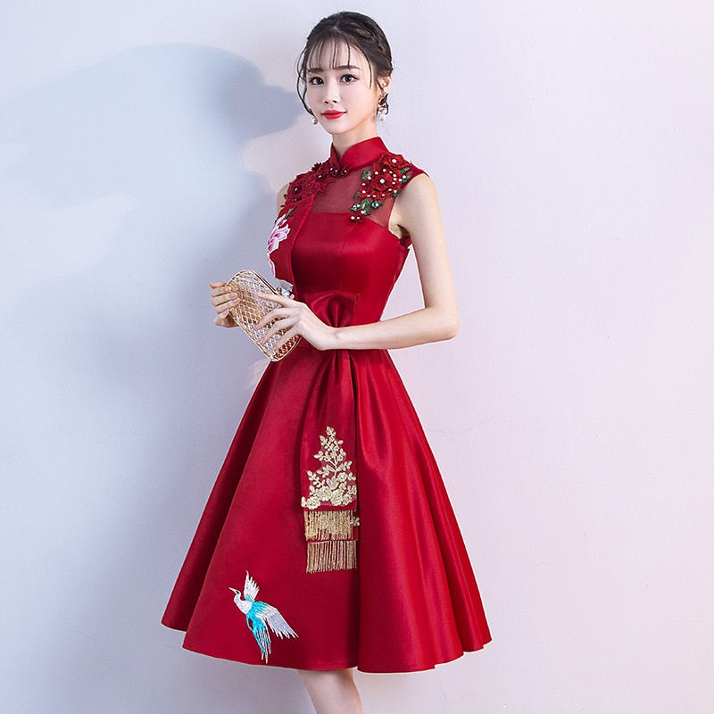 Thumbnail: Buegundy Embroidery Oriental Style Banquet Dresses Chinese Vintage Traditional