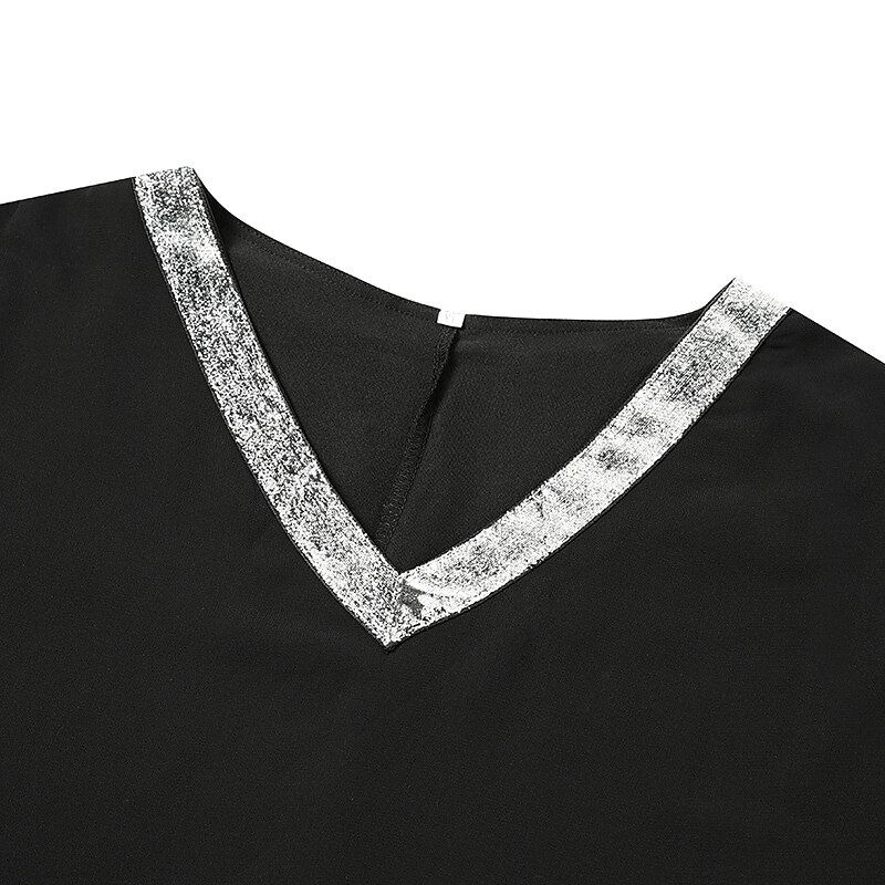 Thumbnail: Women's Plus Size Black Elegant Dress Chiffon Sequined V Neck Slit Sleeve Layer