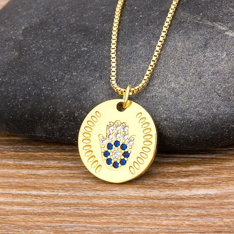 Thumbnail: Hot Sale Women Men Hamsa Hand Necklace Gold Color Copper Zircon Evil Eye