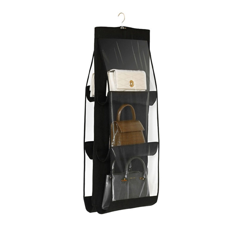 Black Handbag Hanging Organizer With 6 Pockets Foldable Oxford Cloth Handbag St
