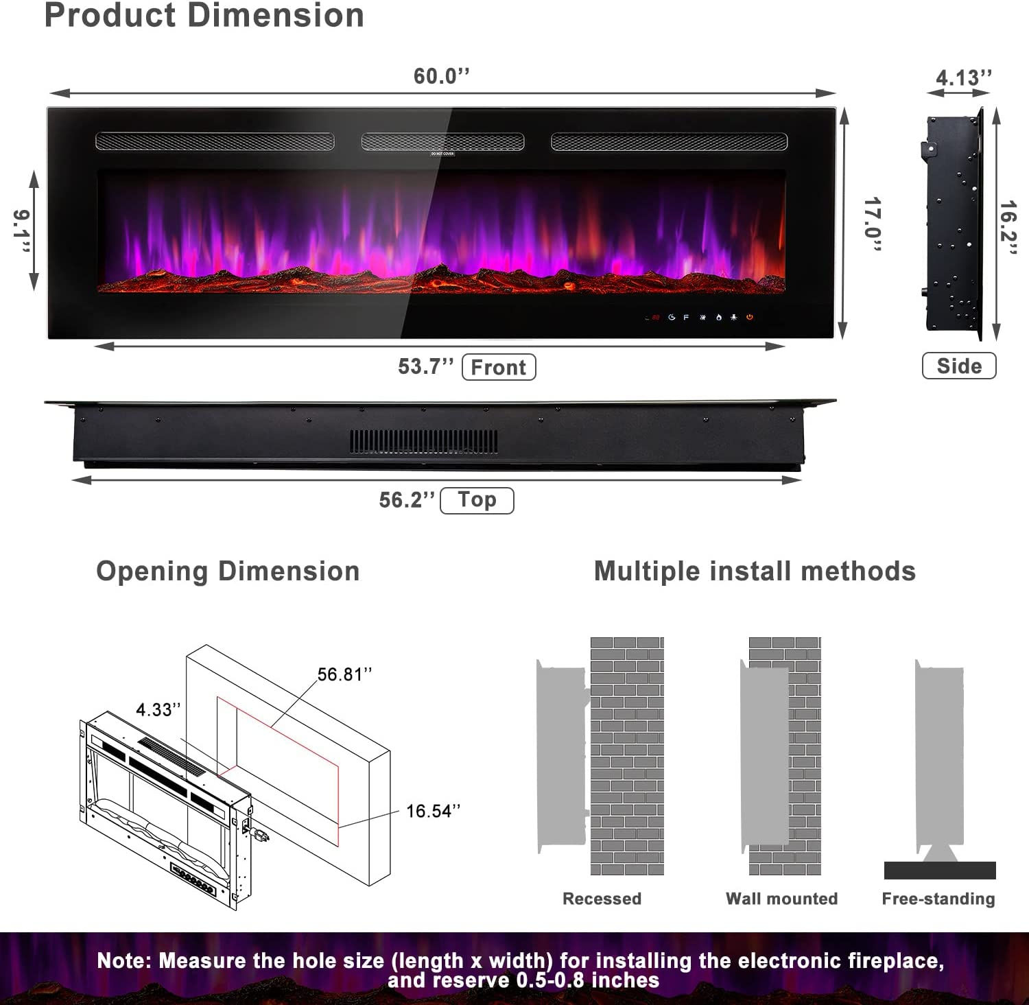 50&60 inches Electric Fireplace, Recessed and Wall Mounted Fireplaces with 12
