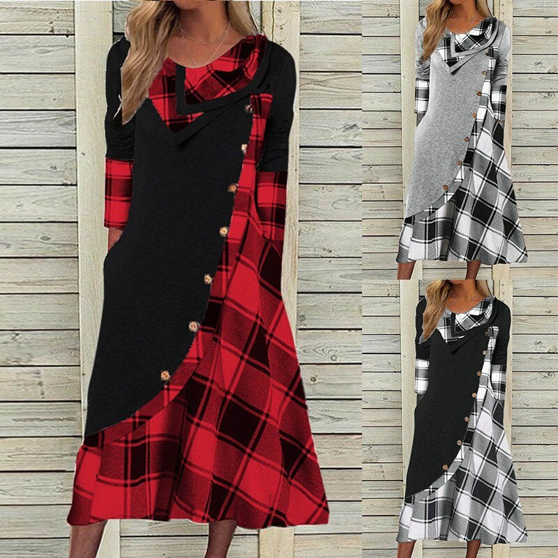 Thumbnail: Autumn Winter Dresses For Women 2022 Plaid Splice Long Sleeve Loose Dress