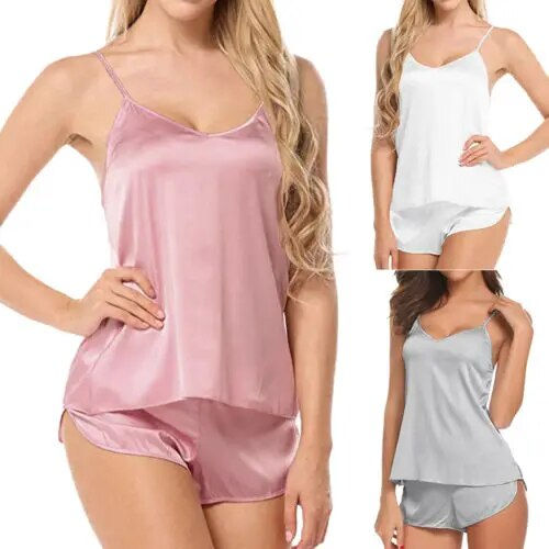Thumbnail: Women Cute 2PCS Lingerie Set, Loose Solid Color Sling Low Chest Top, Short Elas