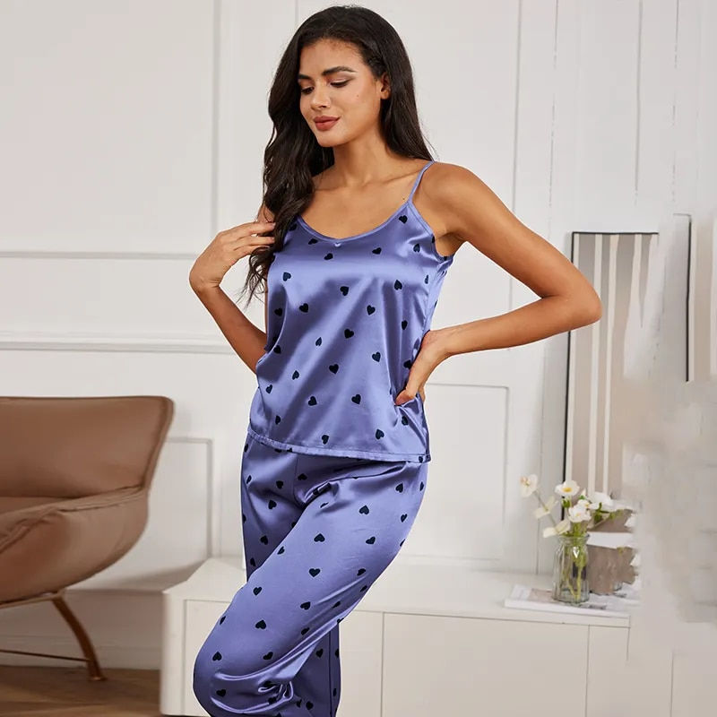 Thumbnail: Women Pajama Set Cute V Neck Sleeveless Cami Top and Long Pants Sleepwear Silk