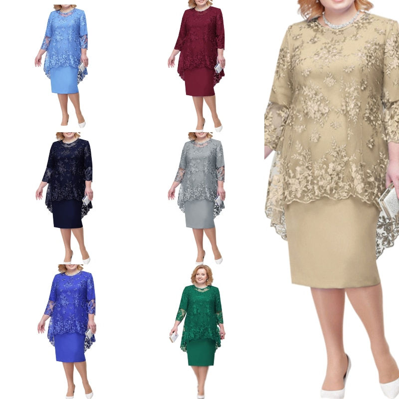 Thumbnail: Plus Size Dresses Summer Lace Mesh Sexy Elegant Midi Party Layerd Dress Loose T
