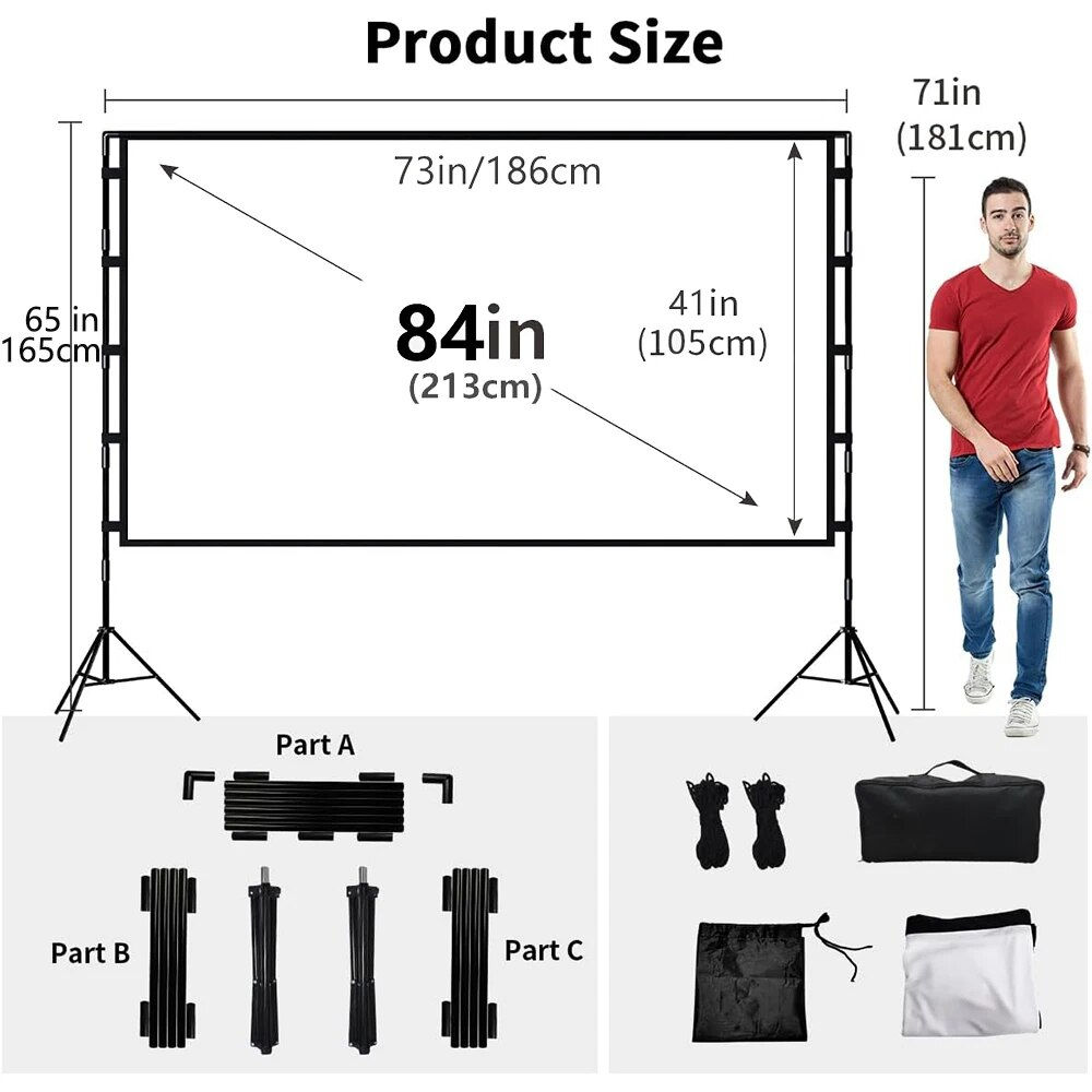 VEIDADZ Projector Screen With Stand Soft White Less Creases 60 84 100 120in Wit