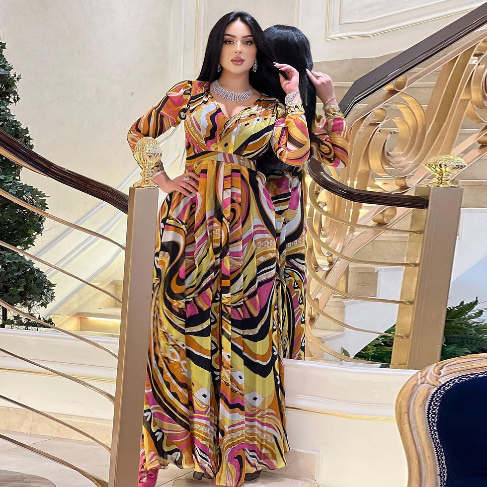 Thumbnail: Print Maxi Dress For Women Long Sleeve Muslim Dubai Moroccan Caftan Robe