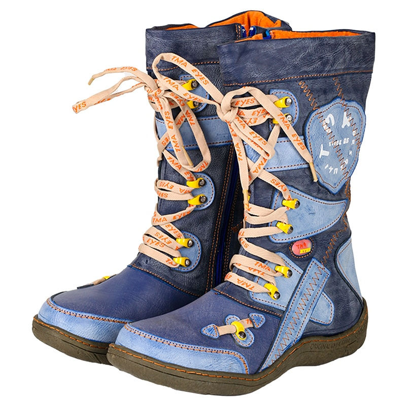 Thumbnail: TMA EYES Patchwork Stitch-Detail PU Leather Mid-Calf Women's Boot