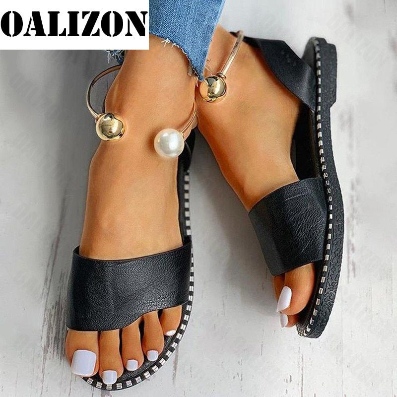 Thumbnail: 2023 New Summer Women Beaded Pearly Sandals Slippers Shoes Ladies Flats Sandals