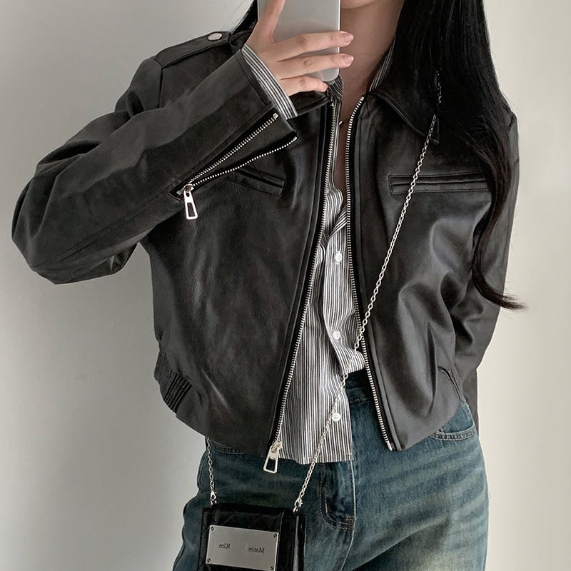 Minijatura: Solid Color Zipper Small Loose Lapels Fashion American Leather Coat Women's