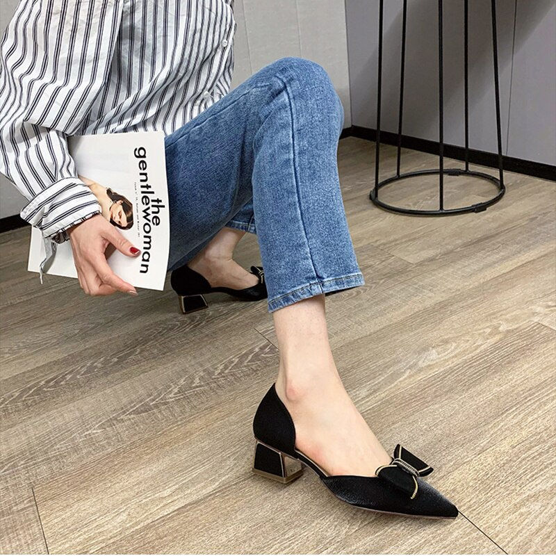 Thumbnail: Spring Summer New Shallow Pumps Bow Chunky Middle Heels Pointed Toe Temperament