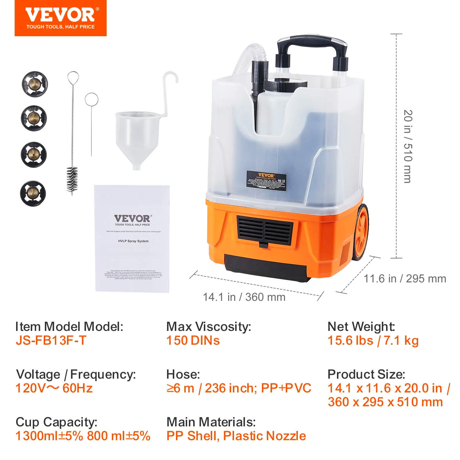 VEVOR HVLP Paint Sprayer 500W/1300W Electric Spray Paint Gun with Air Hose 1300