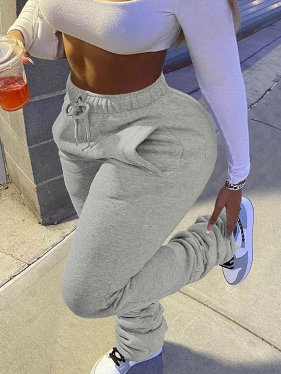 Thumbnail: LW Plus Size Plain Pocket Sweatpants Mid Waist Drawstring Ruched Women Pants St