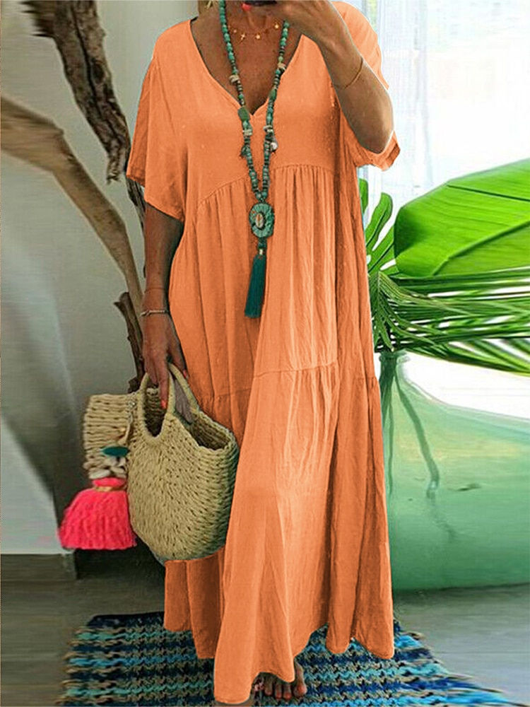 Thumbnail: Plus Size Dress Women 2023 Summer V-Neck Short Sleeve Pleated Solid Color Casua
