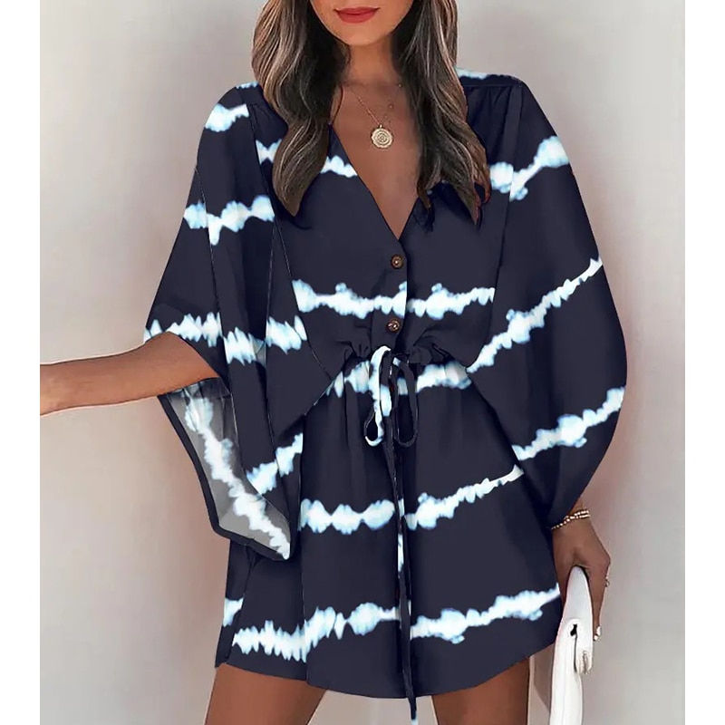 Miniature : Summer Boho Mini Dress Women Flora Print Batwing Sleeve Lace-Up V Neck Loose Bu