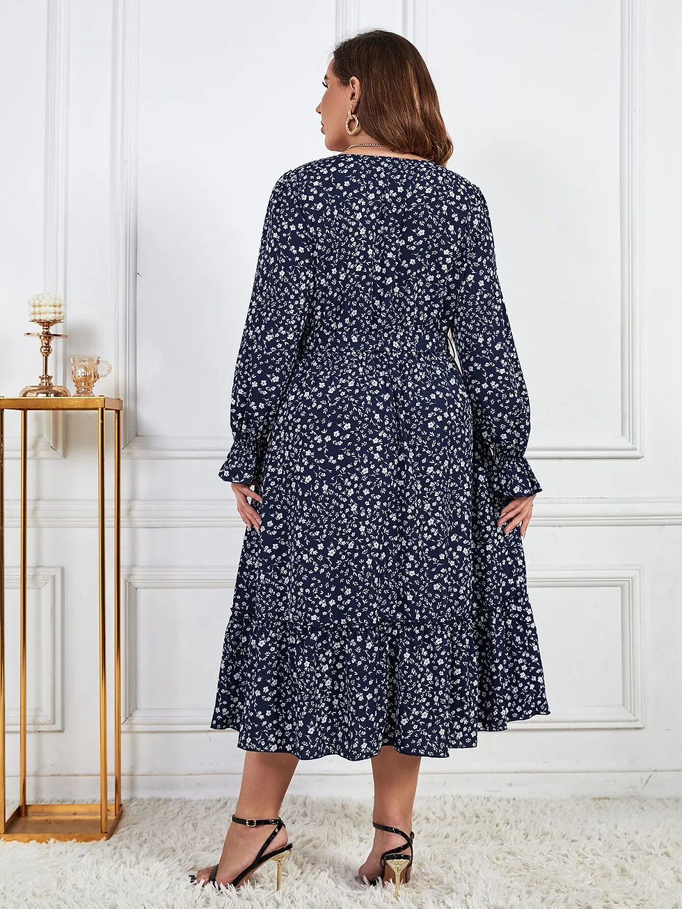 Thumbnail: Plus Size Women Dresses Long Sleeves V Neck Robe Floral Print Waist Drawstring